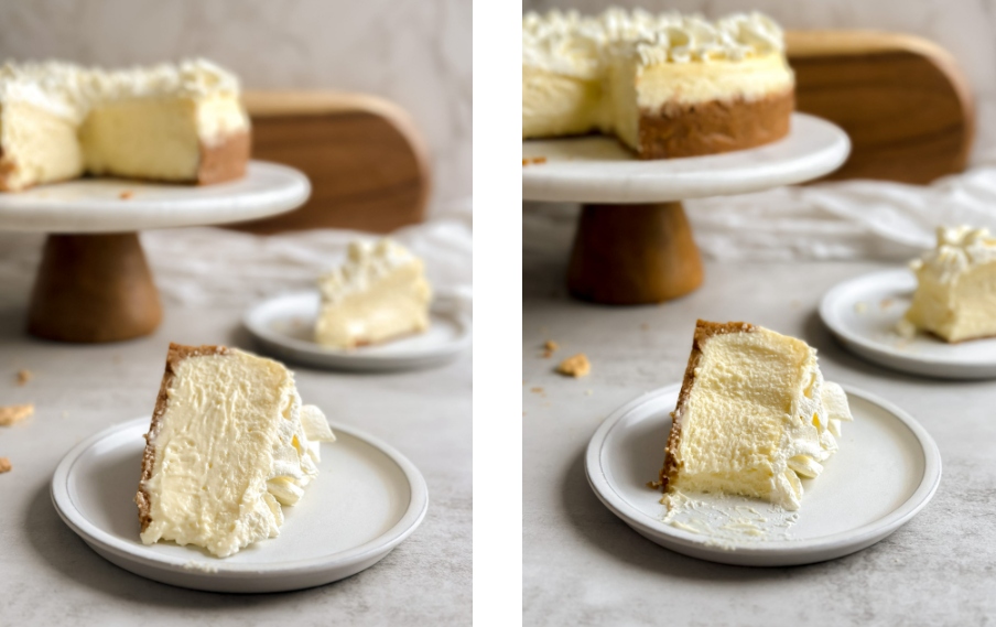 Close-up of a slice of cheesecake on a small plate, showcasing a thin crust and creamy interior, with another slice and a full cheesecake in the background.