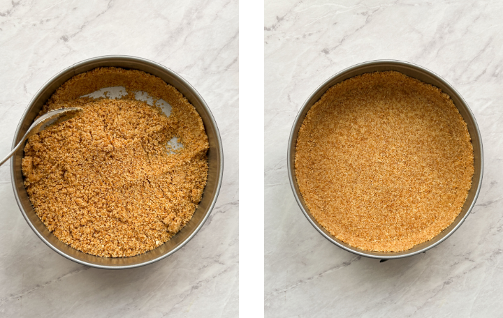 Close-up of a cheesecake pan featuring a thin, evenly pressed crust, prepared for cheesecake filling.