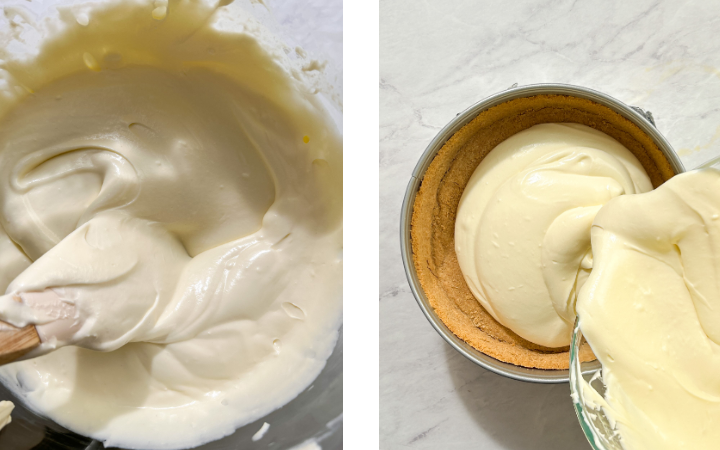 Bowl of rich, thick cheesecake batter, with a glossy and creamy texture, ready for baking.