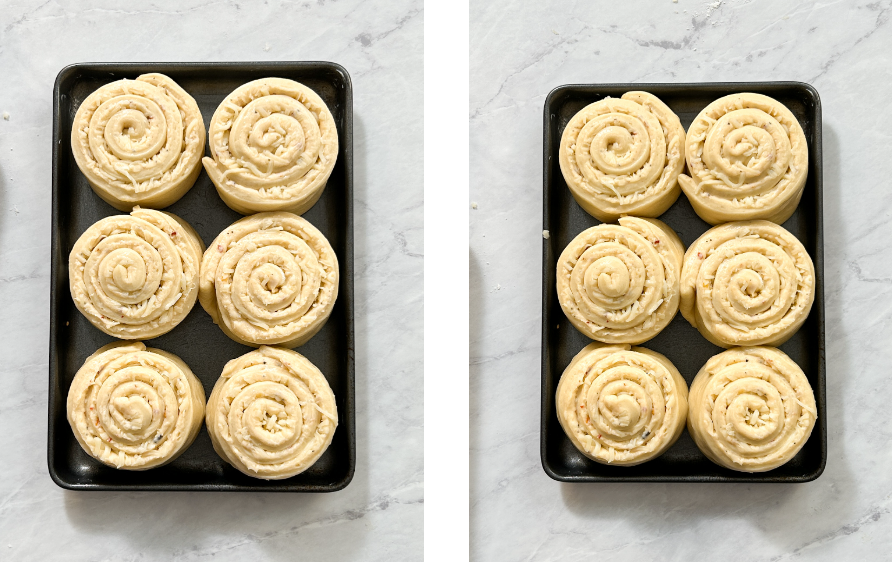 Six cheesy bread rolls arranged on a small sheet pan, ready for proofing. These rolls are set to rise, enhancing their fluffy texture and rich flavor before baking.