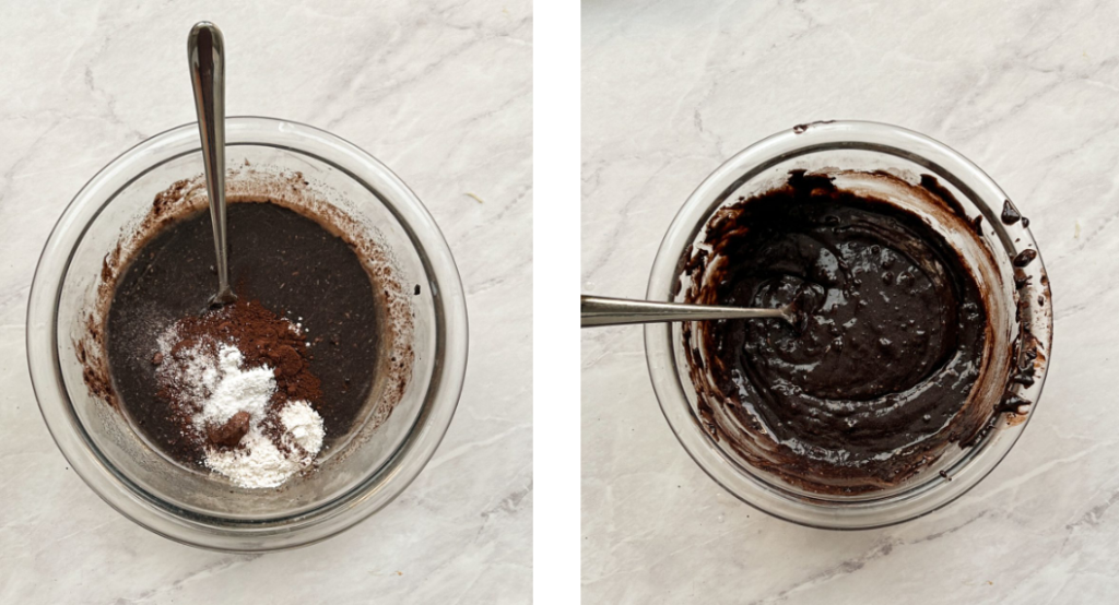 "Flour, cocoa powder, and other dry ingredients are gently folded into the cake batter, creating a smooth and well-mixed consistency. These essential components help build the structure, ensuring the cake bakes with the perfect texture and rise."

