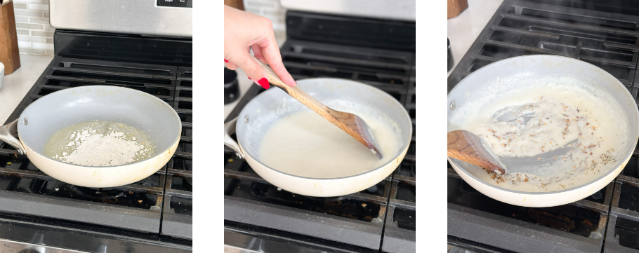 Flour and butter melt together in a nonstick saucepan on the stove, followed by milk and flour to create a smooth white sauce, simmering to perfection.