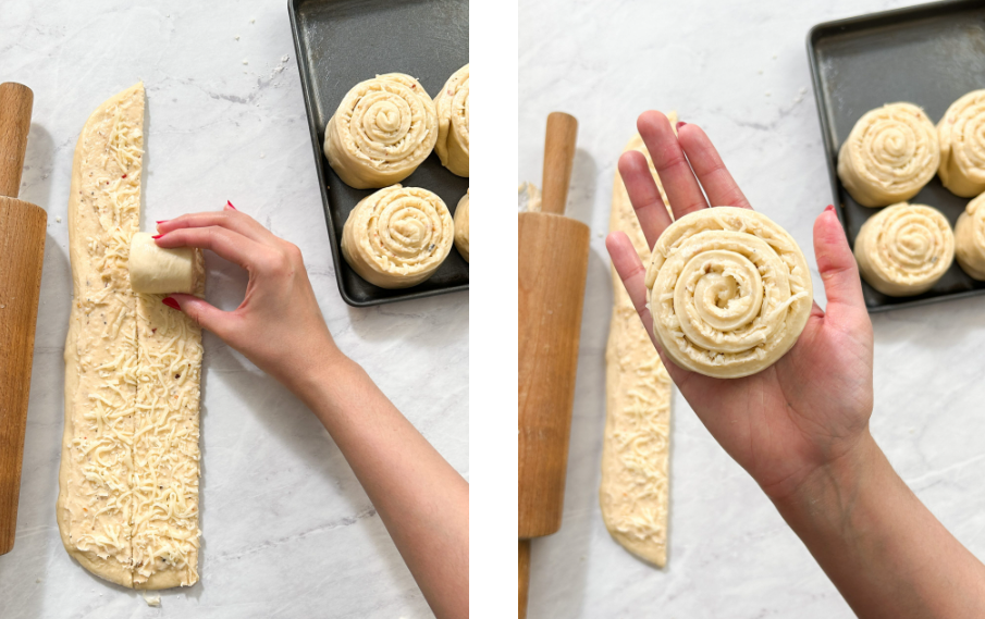 Hand-rolled strips of dough create delicious cinnamon roll-inspired cheesy bread rolls, featuring a delightful swirled pattern. A close-up of a raw cheesy bread roll showcases its appetizing spiral design.